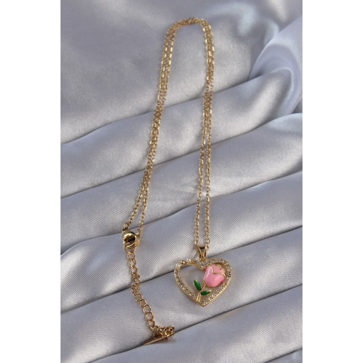 316L Stainless Steel Chain Gold-Colored Zircon Stone Heart-Shaped Pink Rose Design Necklace - TJ-BKO8864