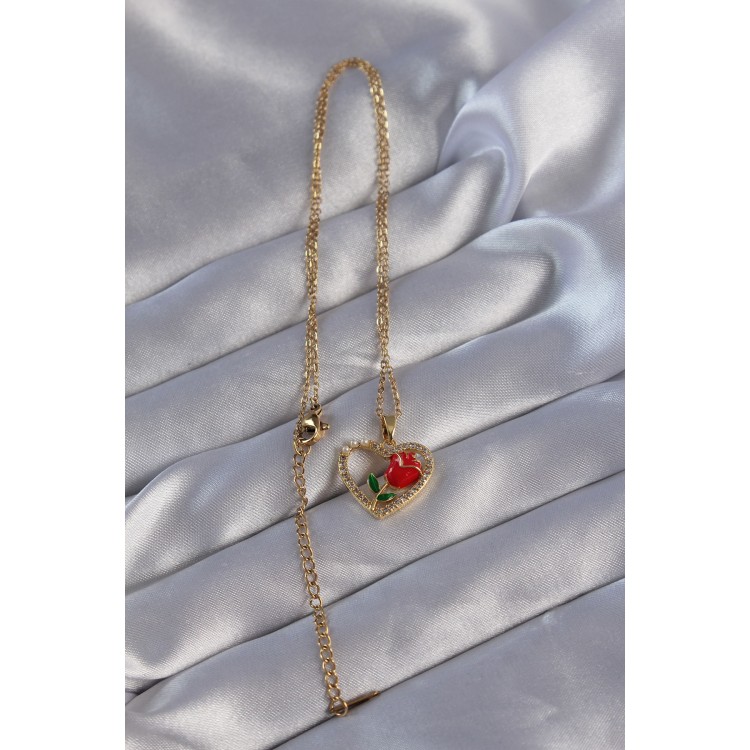 316L Stainless Steel Chain Gold-Colored Zircon Stone Heart-Shaped Red Rose Design Necklace - TJ-BKO8865