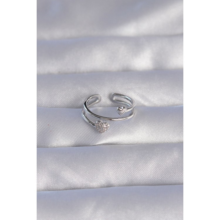 Adjustable Heart-Shaped Ring with Silver-Colored Zircon Stones - TJ-BYK3202