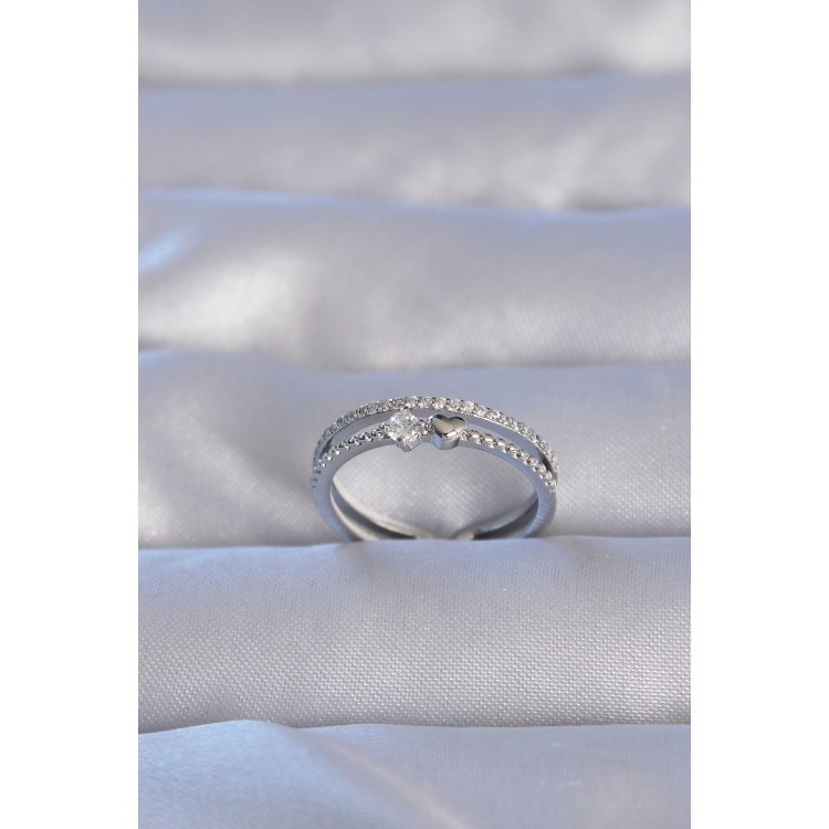 Silver-Colored Zircon Stone Heart-Shaped Waterway Model Adjustable Ring - TJ-BYK3220