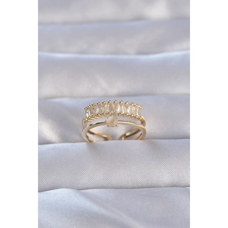Gold-Colored Zircon Stone Baguette Waterway Model Adjustable Ring - TJ-BYK3229