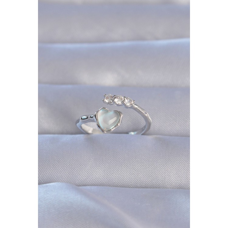 Adjustable Heart-Shaped Ring with Silver-Colored Zircon Stones and Mother-of-Pearl - TJ-BYK3232 Adjustable Heart-Shaped Ring with Silver-Colored Zircon Stones and Mother-of-Pearl - TJ-BYK3232