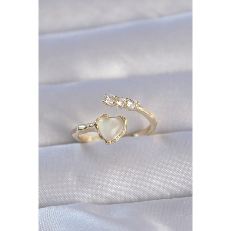 Gold-Colored Zircon Stone Mother-of-Pearl Heart Model Adjustable Ring - TJ-BYK3233 Gold-Colored Zircon Stone Mother-of-Pearl Heart Model Adjustable Ring - TJ-BYK3233