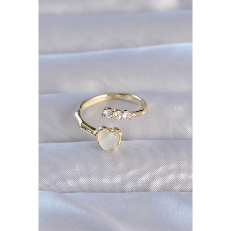 Gold-Colored Zircon Stone Mother-of-Pearl Heart Model Adjustable Ring - TJ-BYK3233