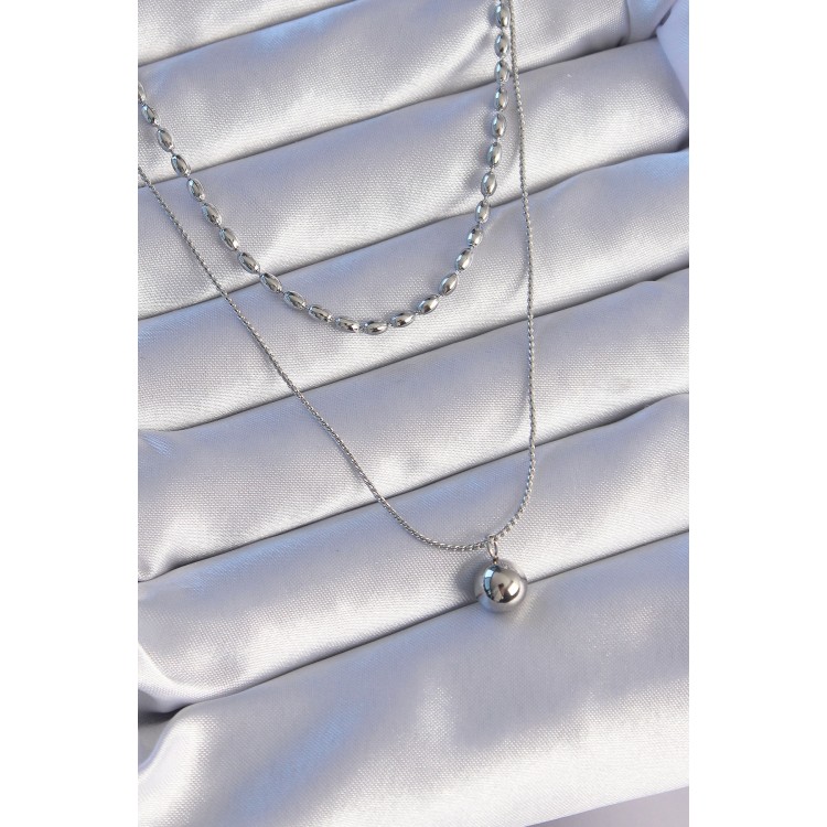 316L Stainless Steel Double Chain Silver Color Bead Model Necklace - TJ-BKO8881