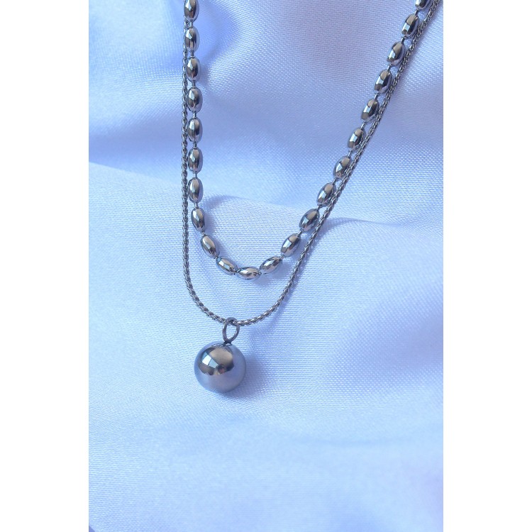 316L Stainless Steel Double Chain Silver Color Bead Model Necklace - TJ-BKO8881