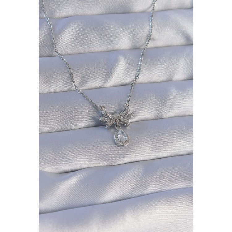 316L Stainless Steel Chain Silver-Colored Zircon Stone Drop Detail Bow Model Necklace - TJ-BKO8897