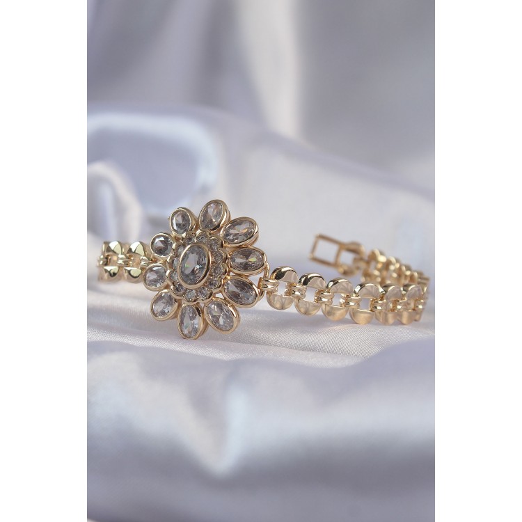 Gold-Colored Large Zircon Stone Flower-Shaped Bracelet - TJ-BB6141