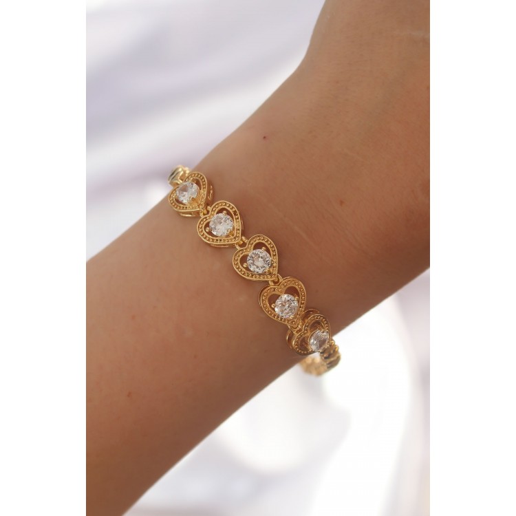 Gold-Plated Heart-Shaped Bracelet with Zircon Stones - TJ-BB6140