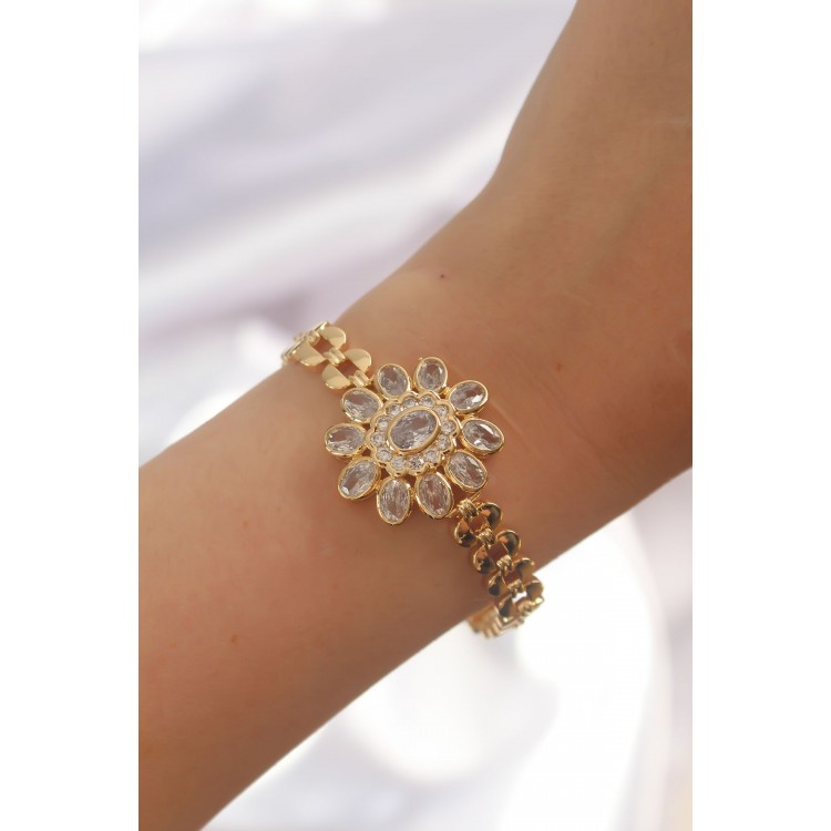 Gold-Colored Large Zircon Stone Flower-Shaped Bracelet - TJ-BB6141 Gold-Colored Large Zircon Stone Flower-Shaped Bracelet - TJ-BB6141