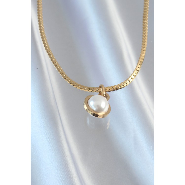 316L Çelik Gold Renk Yassı Zincir İnci Taşlı Kolye - TJ-BKO8903 316L Çelik Gold Renk Yassı Zincir İnci Taşlı Kolye - TJ-BKO8903