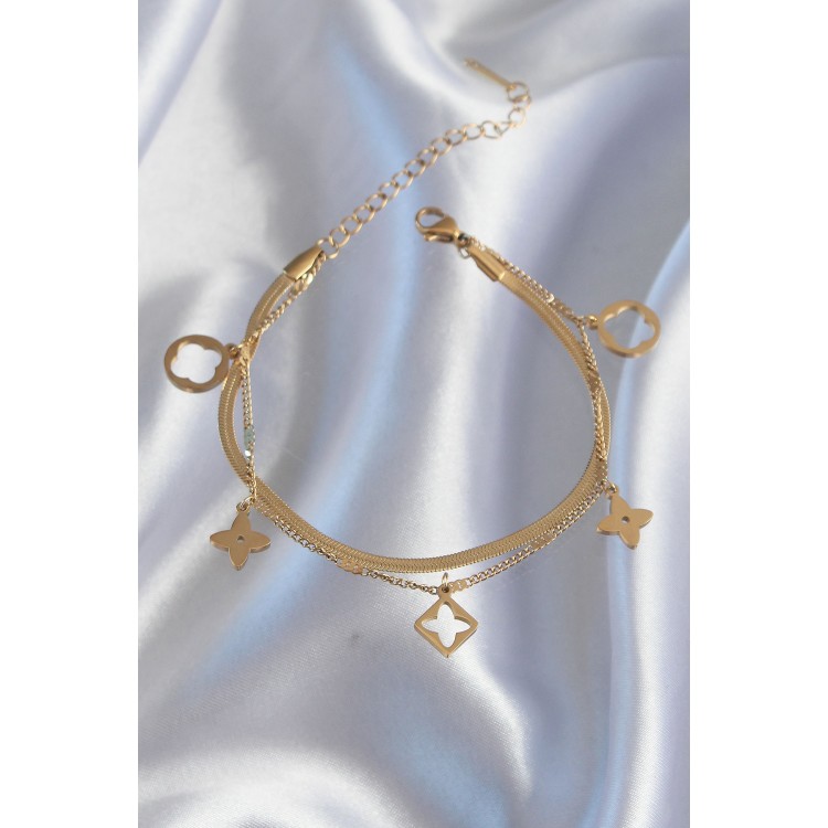 316L Çelik Gold Renk Çift Zincir Yonca Tasarım Bileklik - TJ-BB6181 316L Çelik Gold Renk Çift Zincir Yonca Tasarım Bileklik - TJ-BB6181