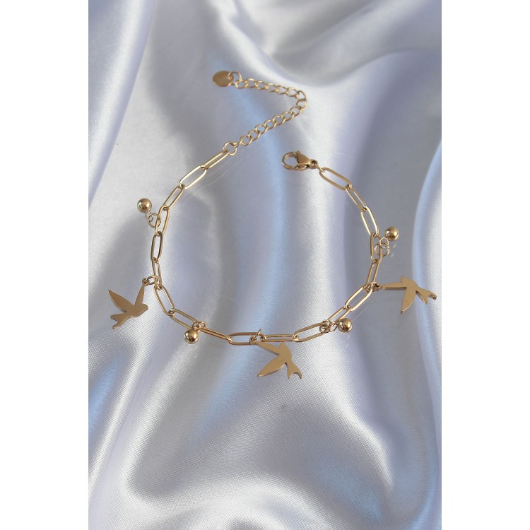 316L Steel Gold Color Bird Design Ball Detail Chain Bracelet - TJ-BB6182