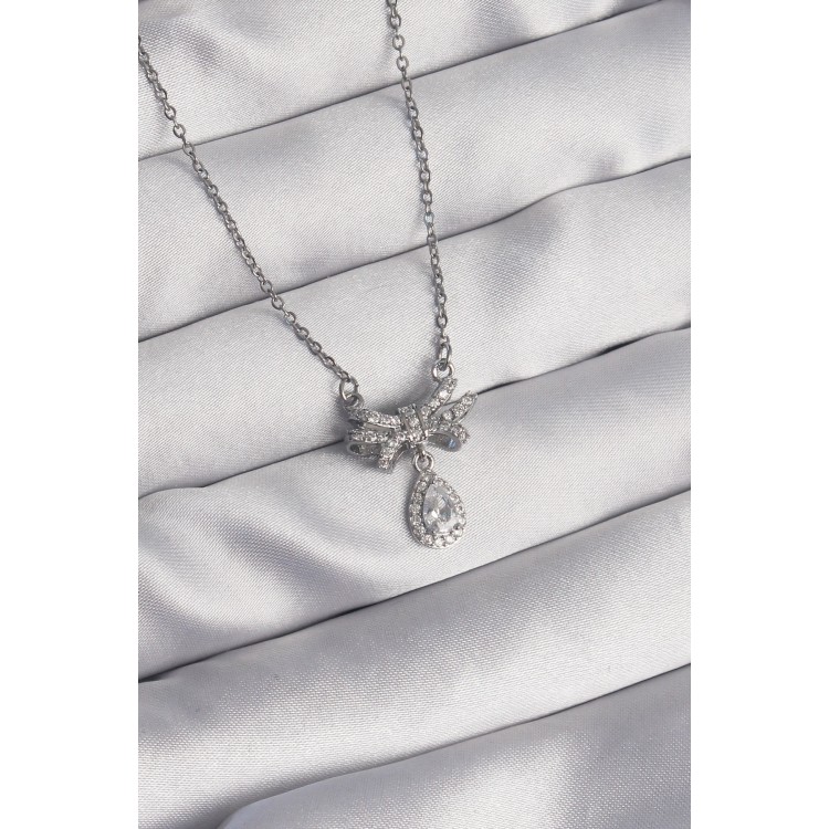 316L Steel Silver Color Bow Detailed Zircon Stone Drop Model Necklace - TJ-BKO8936 316L Steel Silver Color Bow Detailed Zircon Stone Drop Model Necklace - TJ-BKO8936