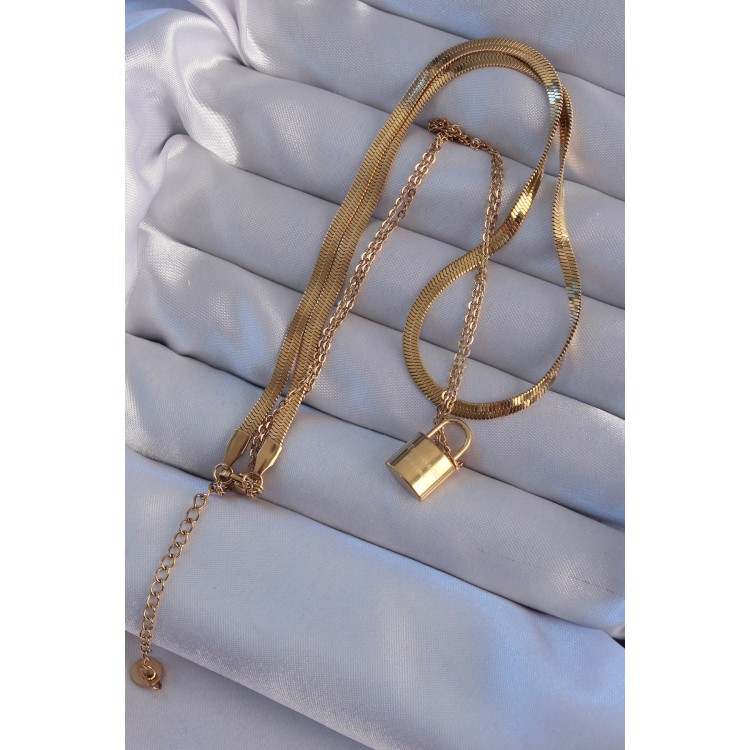 316L Çelik Gold Renk Çift Zincir Kilit Model Kolye - TJ-BKO8941 316L Çelik Gold Renk Çift Zincir Kilit Model Kolye - TJ-BKO8941