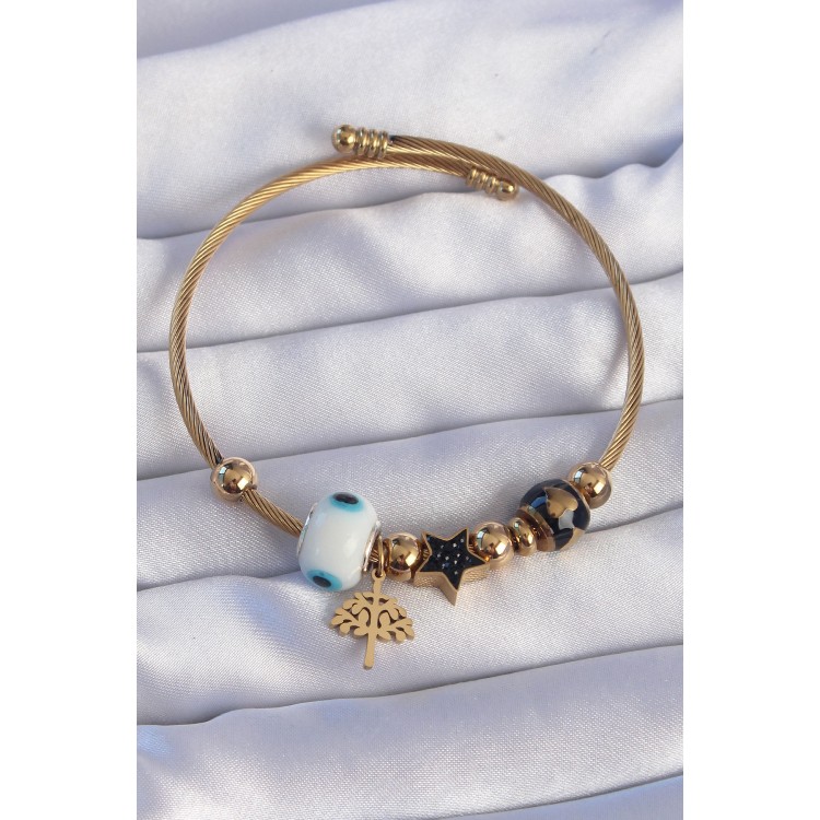 316L Çelik Gold Renk Siyah Zirkon Taşlı Yıldız Tasarımlı Ağaç Detay Nazarlı Charm Bileklik - TJ-BB6197 316L Çelik Gold Renk Siyah Zirkon Taşlı Yıldız Tasarımlı Ağaç Detay Nazarlı Charm Bileklik - TJ-BB6197