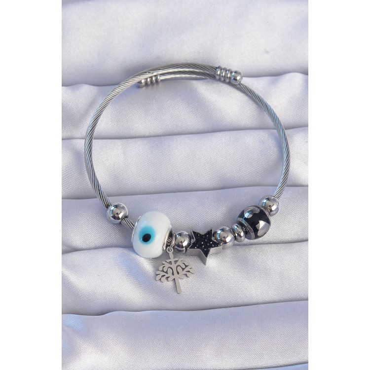 316L Çelik Gümüş Renk Siyah Zirkon Taşlı Yıldız Tasarımlı Ağaç Detay Nazarlı Charm Bileklik - TJ-BB6198 316L Çelik Gümüş Renk Siyah Zirkon Taşlı Yıldız Tasarımlı Ağaç Detay Nazarlı Charm Bileklik - TJ-BB6198