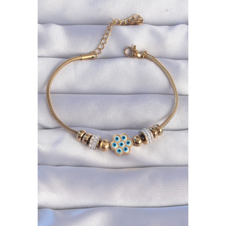 316L Çelik Gold Renk Zirkon Taşlı Nazarlı Çiçek Tasarımlı Bileklik - TJ-BB6201 316L Çelik Gold Renk Zirkon Taşlı Nazarlı Çiçek Tasarımlı Bileklik - TJ-BB6201
