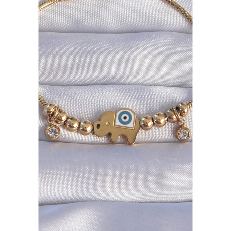 316L Çelik Gold Renk Zirkon Taşlı Nazarlı Fil Tasarımlı Bileklik - TJ-BB6202