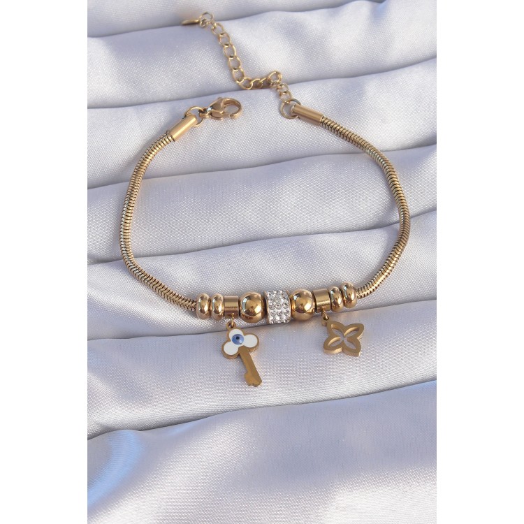 316L Çelik Gold Renk Zirkon Taşlı Yonca Detay Nazarlı Anahtar Tasarımlı Bileklik - TJ-BB6203 316L Çelik Gold Renk Zirkon Taşlı Yonca Detay Nazarlı Anahtar Tasarımlı Bileklik - TJ-BB6203