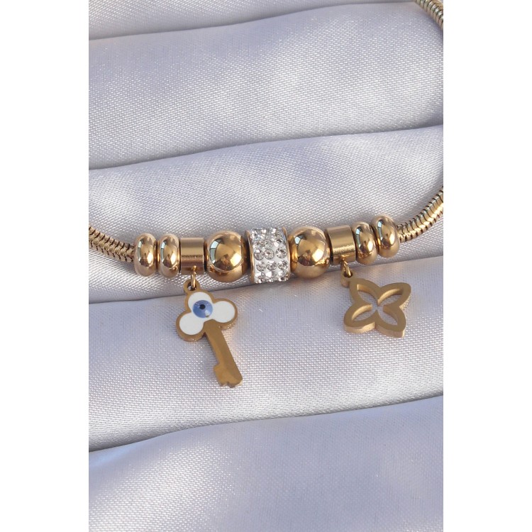 316L Çelik Gold Renk Zirkon Taşlı Yonca Detay Nazarlı Anahtar Tasarımlı Bileklik - TJ-BB6203