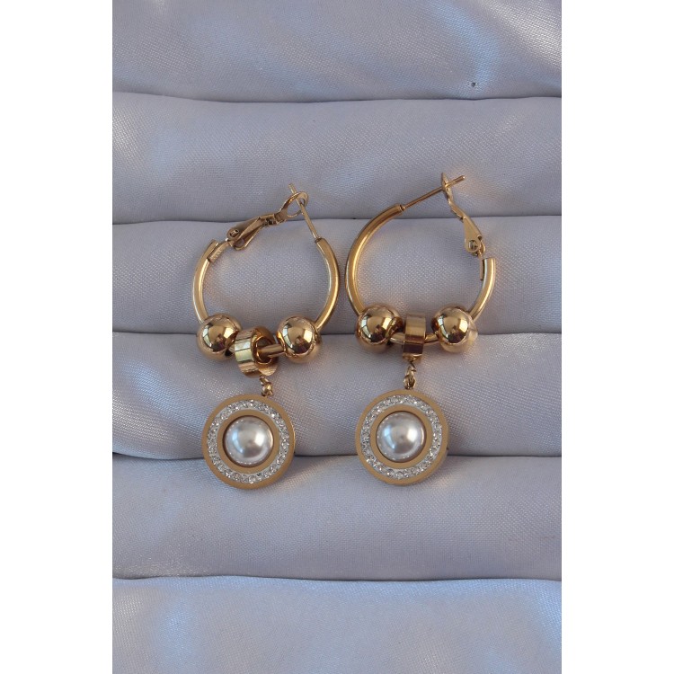 316L Steel Gold Color Zircon and Pearl Stone Cartier Model Hoop Earrings - TJ-BKP9149 316L Steel Gold Color Zircon and Pearl Stone Cartier Model Hoop Earrings - TJ-BKP9149