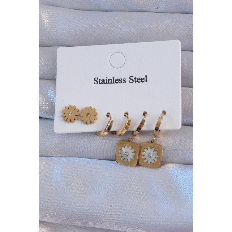 316L Çelik Gold Renk Zirkon Taşlı Sedefli Papatya Model Halka Küpe Seti - TJ-BKP9150 316L Çelik Gold Renk Zirkon Taşlı Sedefli Papatya Model Halka Küpe Seti - TJ-BKP9150