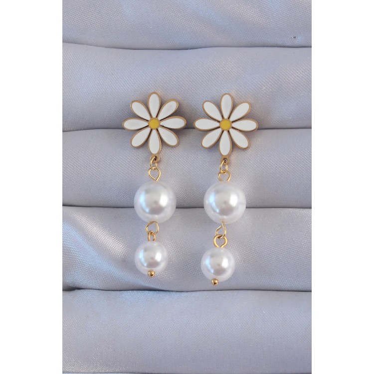 316L Steel Gold Color Pearl Stone Daisy Model Dangle Earrings - TJ-BKP9158 316L Steel Gold Color Pearl Stone Daisy Model Dangle Earrings - TJ-BKP9158