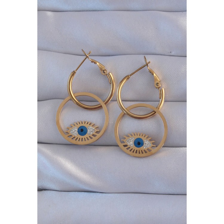 316L Çelik Gold Renk Zirkon Taşlı Mavi Göz Tasarımlı Halka Küpe - TJ-BKP9161 316L Çelik Gold Renk Zirkon Taşlı Mavi Göz Tasarımlı Halka Küpe - TJ-BKP9161