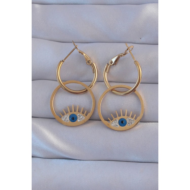 316L Çelik Gold Renk Zirkon Taşlı Mavi Göz Tasarımlı Halka Küpe - TJ-BKP9164 316L Çelik Gold Renk Zirkon Taşlı Mavi Göz Tasarımlı Halka Küpe - TJ-BKP9164