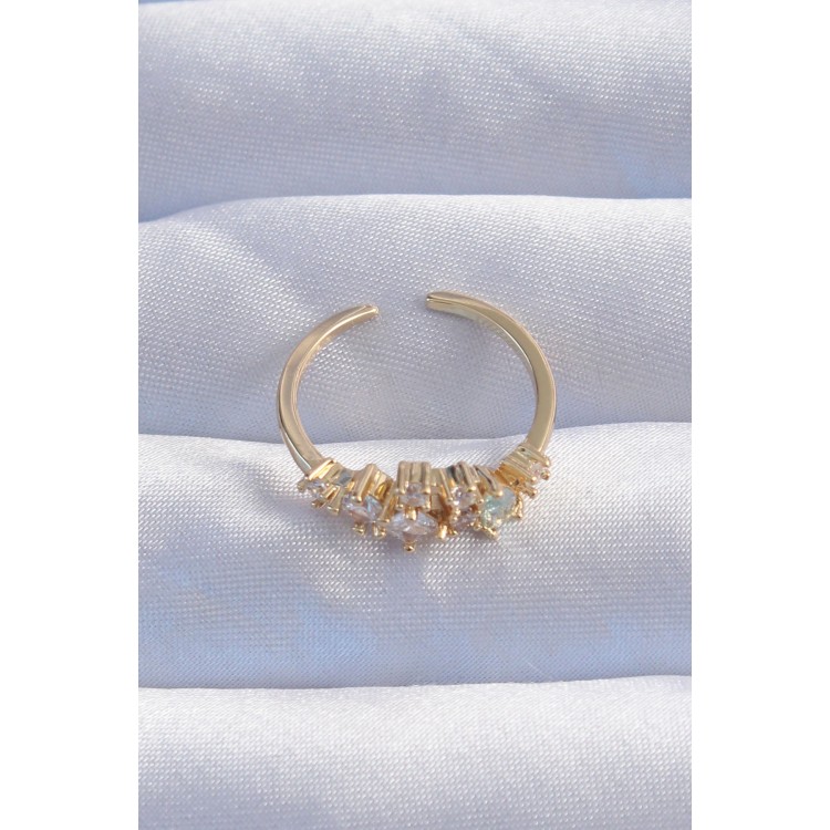 Pirinç Gold Renk Zirkon Taşlı Damla Detay Ayarlanabilir Yüzük - TJ-BYK3245