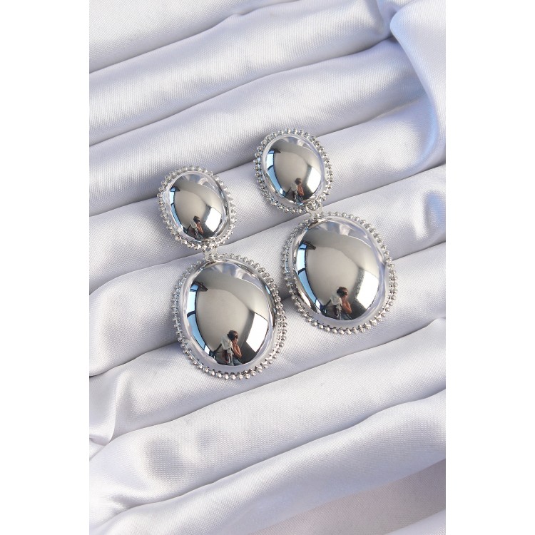 Brass Silver Color Large Domed Embroidered Earrings - TJ-BKP9230