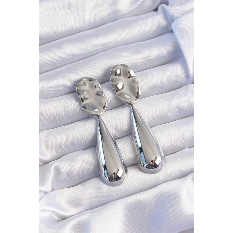 Pirinç Gümüş Renk Uzun Bombeli Ezme Plaka Küpe - TJ-BKP9240 Pirinç Gümüş Renk Uzun Bombeli Ezme Plaka Küpe - TJ-BKP9240