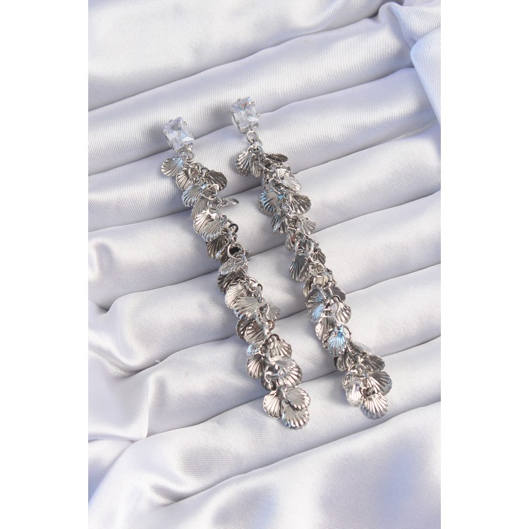 Pirinç Gümüş Renk Zirkon Taşlı Minimal Deniz Kabuklu Sallantılı Küpe - TJ-BKP9253