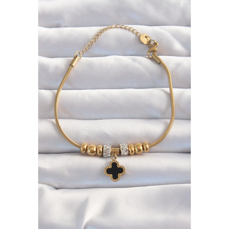 316L Çelik Gold Renk Zirkon Taş Aksesuarlı Siyah Mineli Yonca Bileklik - TJ-BB6229 316L Çelik Gold Renk Zirkon Taş Aksesuarlı Siyah Mineli Yonca Bileklik - TJ-BB6229