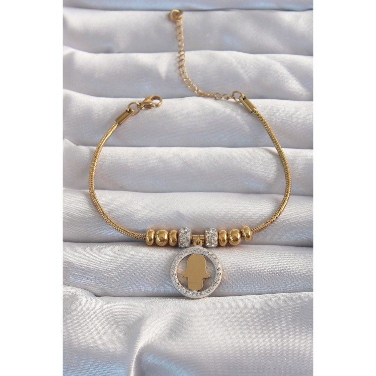 316L Çelik Gold Renk Zirkon Taş Aksesuarlı Fatma Ana Eli Bileklik - TJ-BB6233 316L Çelik Gold Renk Zirkon Taş Aksesuarlı Fatma Ana Eli Bileklik - TJ-BB6233