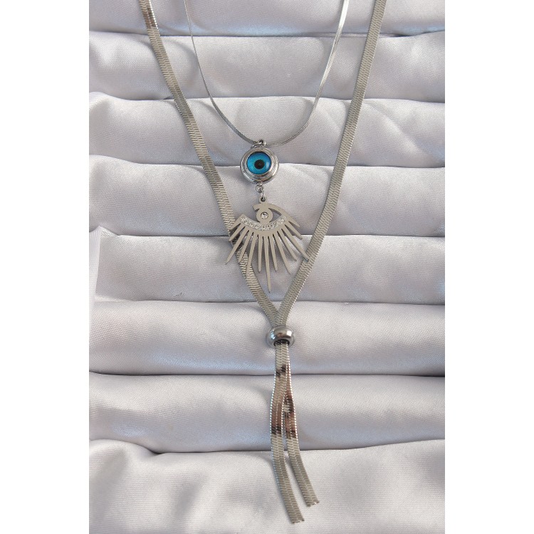 316L Çelik Gümüş Renk Zirkon Taşlı Göz Detay Nazarlı Uzun Asansör Model Kolye - TJ-BKO8961 316L Çelik Gümüş Renk Zirkon Taşlı Göz Detay Nazarlı Uzun Asansör Model Kolye - TJ-BKO8961