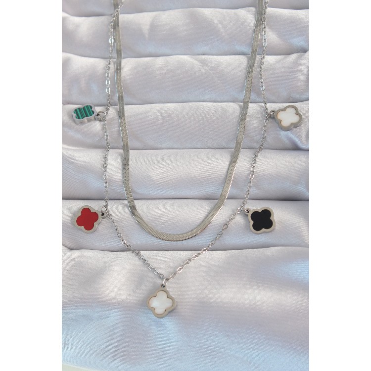 316L Steel Silver Color Italian Chain Colorful Enameled Multi Clover Necklace - TJ-BKO8974 316L Steel Silver Color Italian Chain Colorful Enameled Multi Clover Necklace - TJ-BKO8974