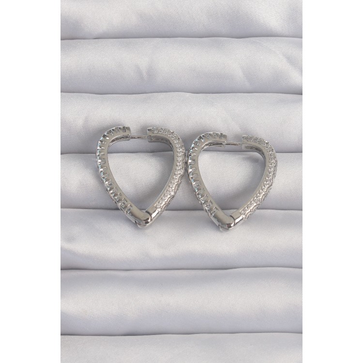Pirinç Gümüş Renk Zirkon Taşlı Motifli Kalp Küpe - TJ-BKP9284