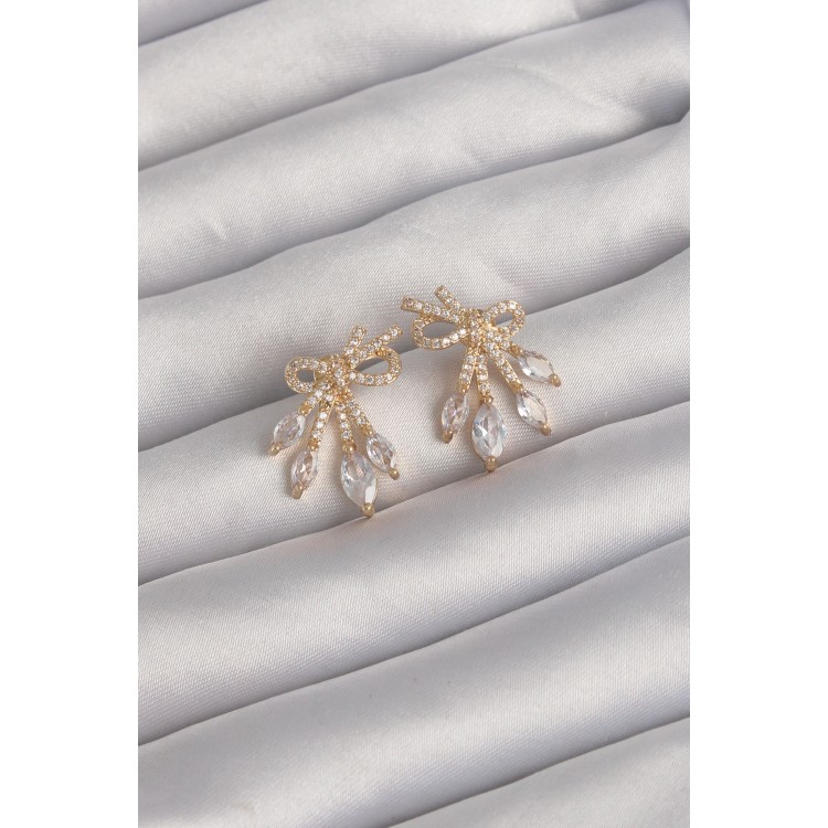 Pirinç Gold Renk Zirkon Taşlı Fiyonk Küpe - TJ-BKP9293 Pirinç Gold Renk Zirkon Taşlı Fiyonk Küpe - TJ-BKP9293