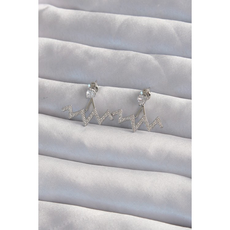 Pirinç Gümüş Renk Zirkon Taşlı Zikzak Küpe - TJ-BKP9302 Pirinç Gümüş Renk Zirkon Taşlı Zikzak Küpe - TJ-BKP9302