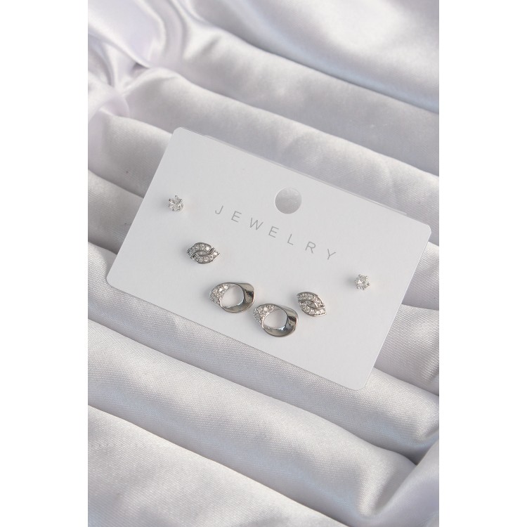 Pirinç Gümüş Renk Zirkon Taşlı Yaprak Model Küpe Seti - TJ-BKP9324