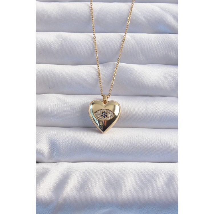 316L Steel Chain Gold Color Zircon Stone Eye Figured Openable Heart Model Necklace - TJ-BKO8975