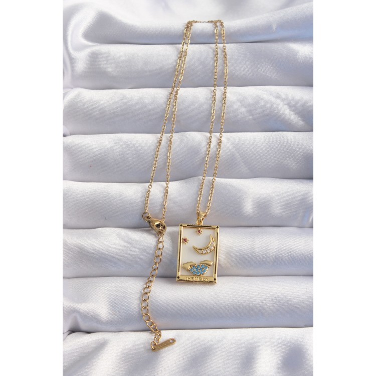 316L Çelik Zincir Gold Renk Ay Detay Mavi Zirkon Taşlı Tarot Kolye - TJ-BKO8980