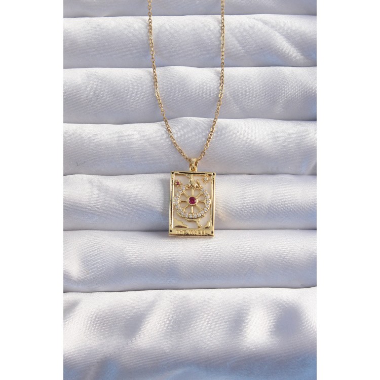 316L Steel Chain Gold Color Pink Zircon Stone Tarot Necklace - TJ-BKO8982