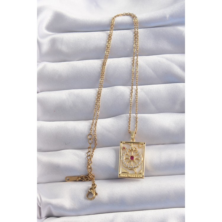 316L Steel Chain Gold Color Pink Zircon Stone Tarot Necklace - TJ-BKO8982