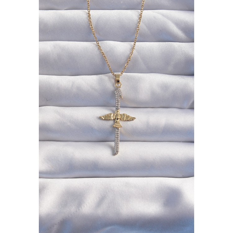 316L Çelik Zincir Gold Renkli Zirkon Taşlı Kılıç Model Anka Kuşu Kolye - TJ-BKO8986