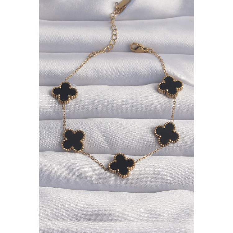 316L Çelik Gold Renk Siyah Mineli Yonca Bileklik - TJ-BB6258 316L Çelik Gold Renk Siyah Mineli Yonca Bileklik - TJ-BB6258