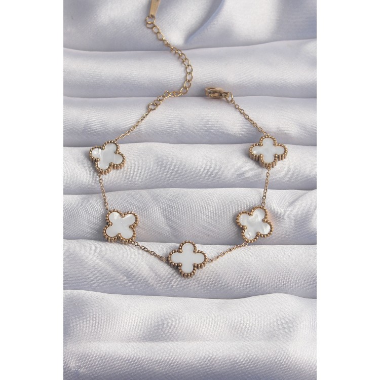 316L Steel Gold Color White Pearl Clover Bracelet - TJ-BB6262 316L Steel Gold Color White Pearl Clover Bracelet - TJ-BB6262