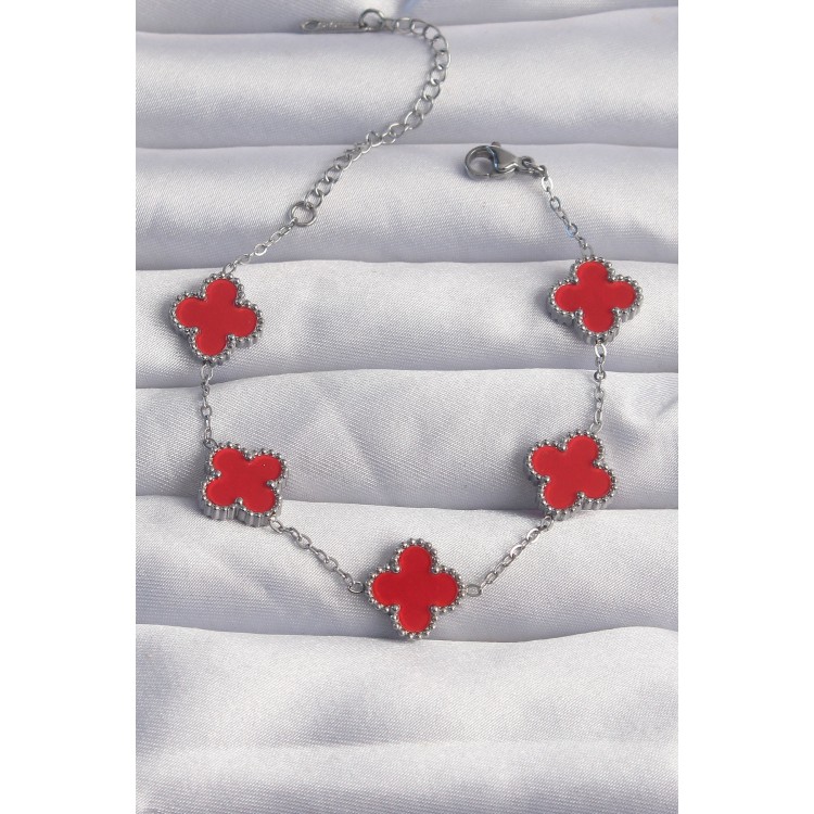 316L Çelik Gümüş Renk Kırmızı Mineli Yonca Bileklik - TJ-BB6263 316L Çelik Gümüş Renk Kırmızı Mineli Yonca Bileklik - TJ-BB6263